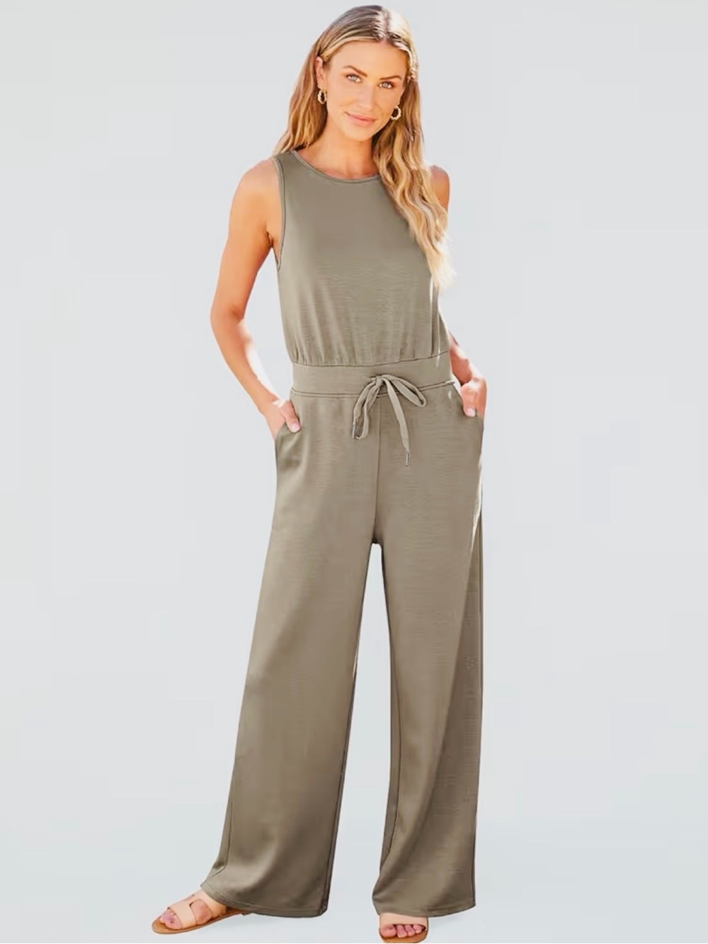 Sleeveless Olive Wide-Leg Drawstring Jumpsuit